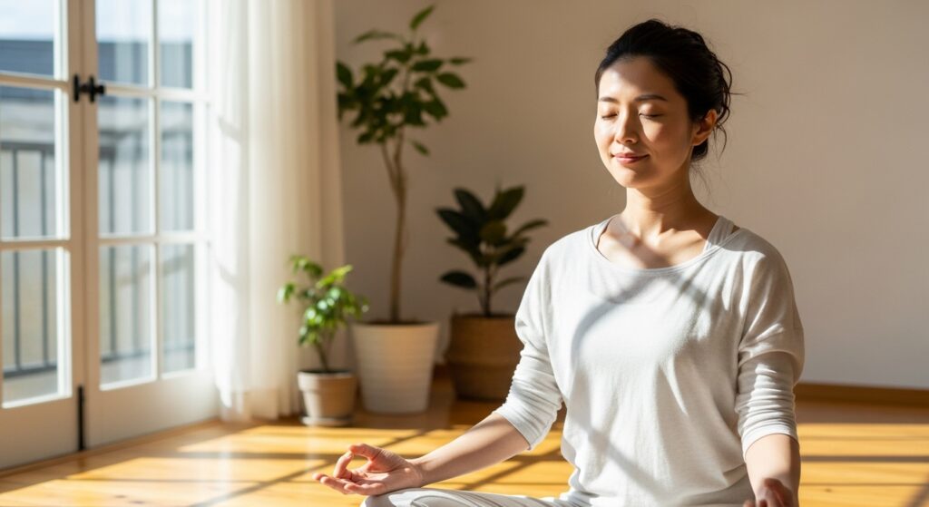 窓辺でヨガをする日本人女性、内側から輝く美しさ、ウェルネス
