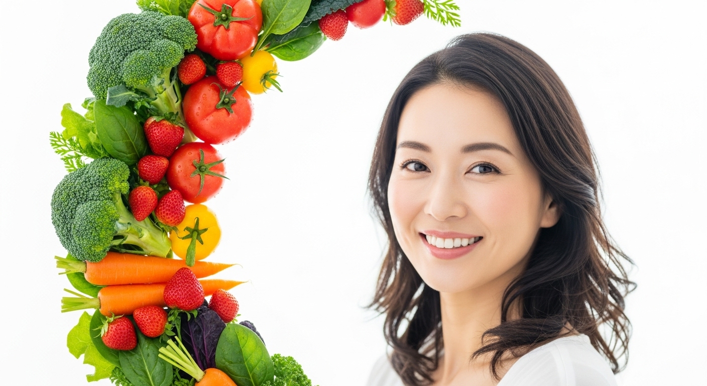 笑顔の女性と、健康的な酵素食材(野菜や果物)