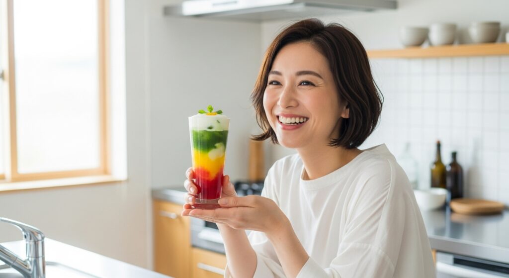 笑顔で酵素ドリンクを持つ日本人女性、インナービューティー