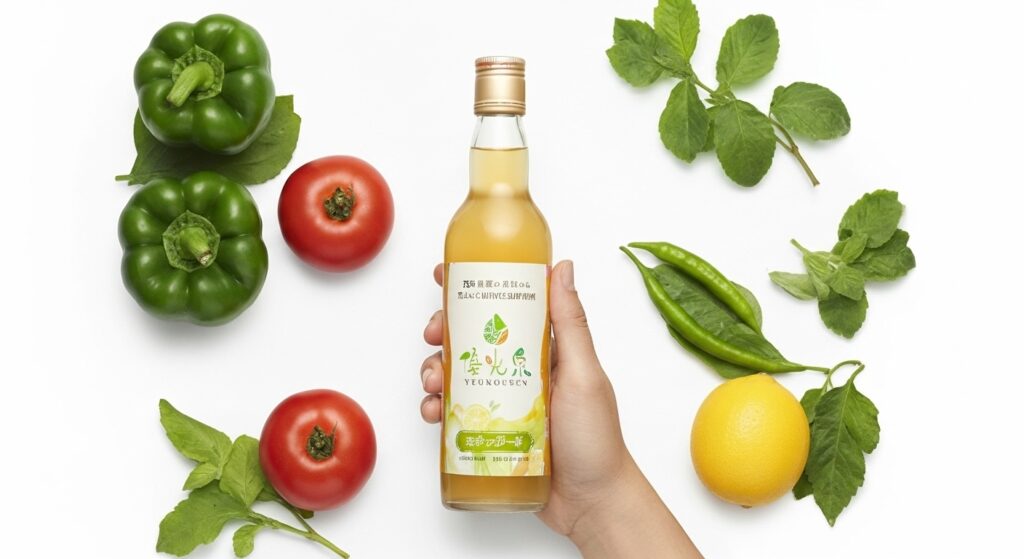 優光泉のボトルを持った手が写っており、その周りには様々なフルーツや野菜が散りばめられている画像。優光泉のアレンジの幅広さを表現している。