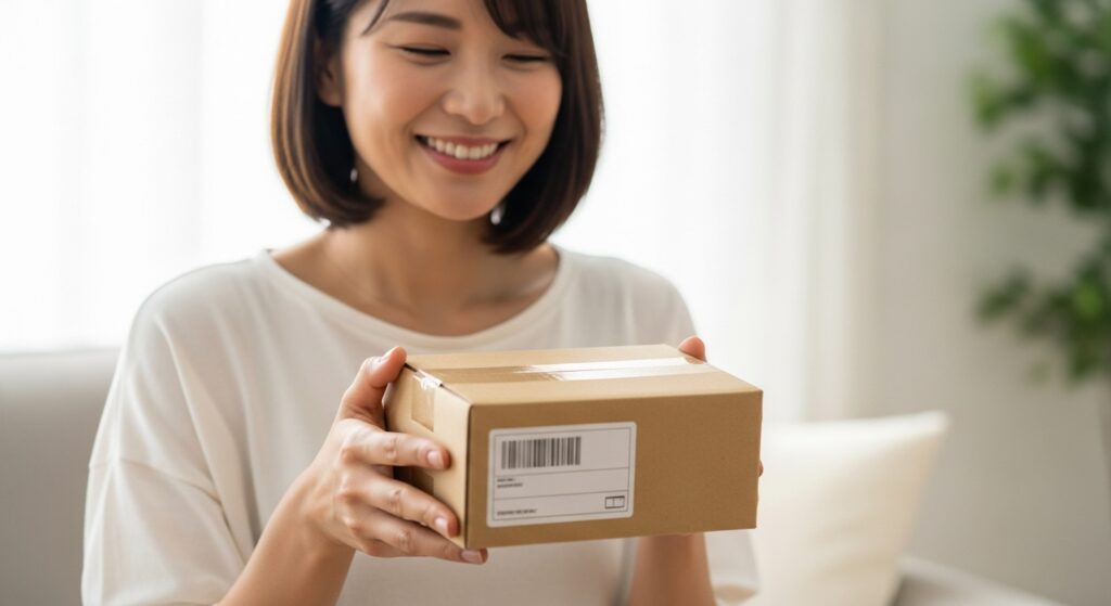 優光泉の購入に満足し、笑顔で荷物を持つ女性
