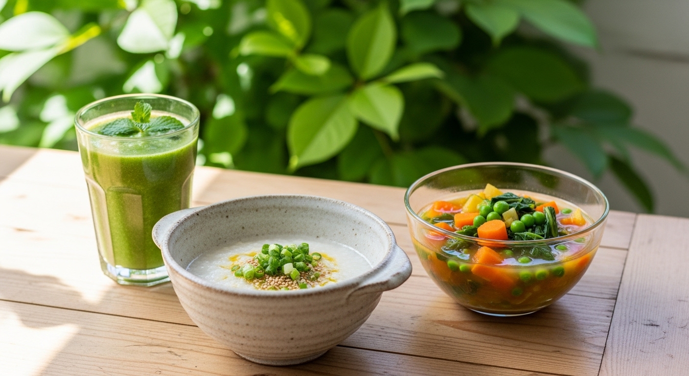 ファスティング後の回復食メニュー。お粥、野菜スープ、グリーンスムージーが並んだ食卓の写真