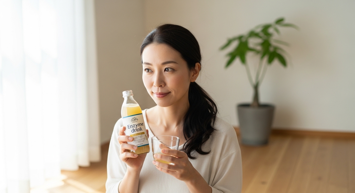 優光泉の酵素ドリンクを手にする日本人女性。穏やかな光が差し込む部屋でファスティングを始める様子。