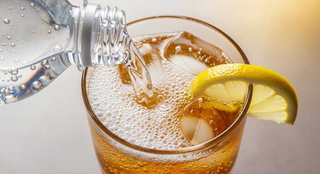 優光泉を炭酸水で割って水分補給する様子 ペットボトルからグラスに注がれる炭酸水と黄金色の液体