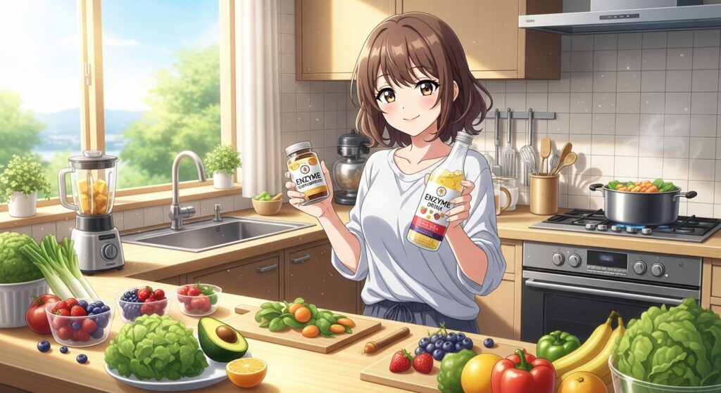 日常生活で酵素ドリンクやサプリを賢く活用している女性のイラスト。