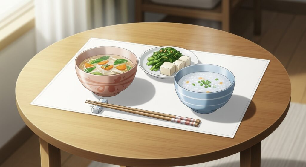 7日間ファスティング後に、胃腸を優しく慣らすためのシンプルで丁寧な回復食（重湯、薄味スープ）のイラスト。