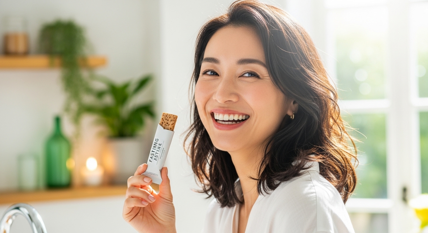 笑顔でファスティングバーを持つ日本人女性のイラスト。手軽に始める新しいファスティング習慣を表現。