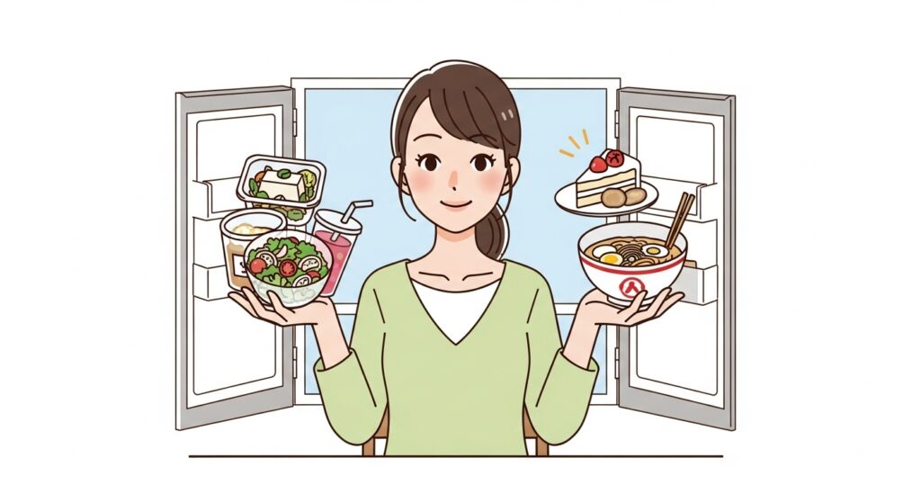 ファスティング後の賢い回復食選び ファスティング後の回復食で、健康的なコンビニ食品を選ぶ日本人女性のイラスト