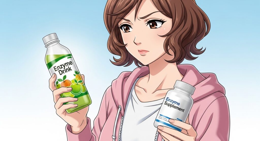 酵素ドリンクと酵素サプリのどちらを選ぶか迷っている女性のイラスト。