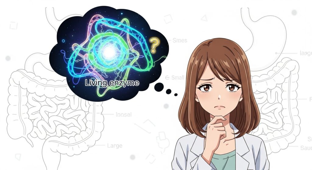 酵素ドリンクの効果について「生きた酵素」の誤解を抱き、疑問を感じている女性のイラスト。
