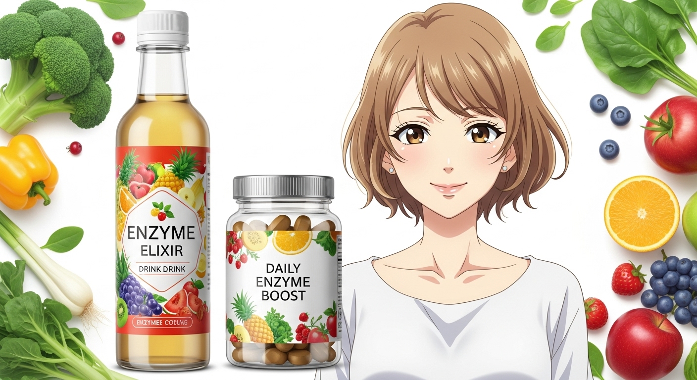 笑顔の女性が、酵素ドリンクと酵素サプリを前に、健康的なライフスタイルを提案しているイラスト。
