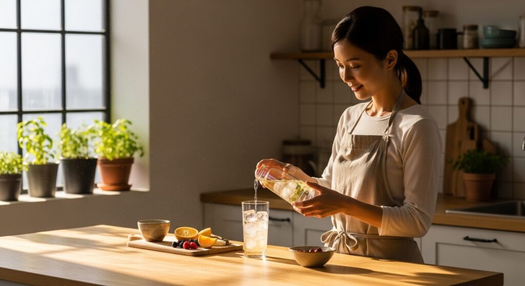 朝の光と優光泉 朝の光が差し込むキッチンで、女性が優光泉をグラスに注いでいるイメージ。爽やかで健康的な雰囲気。