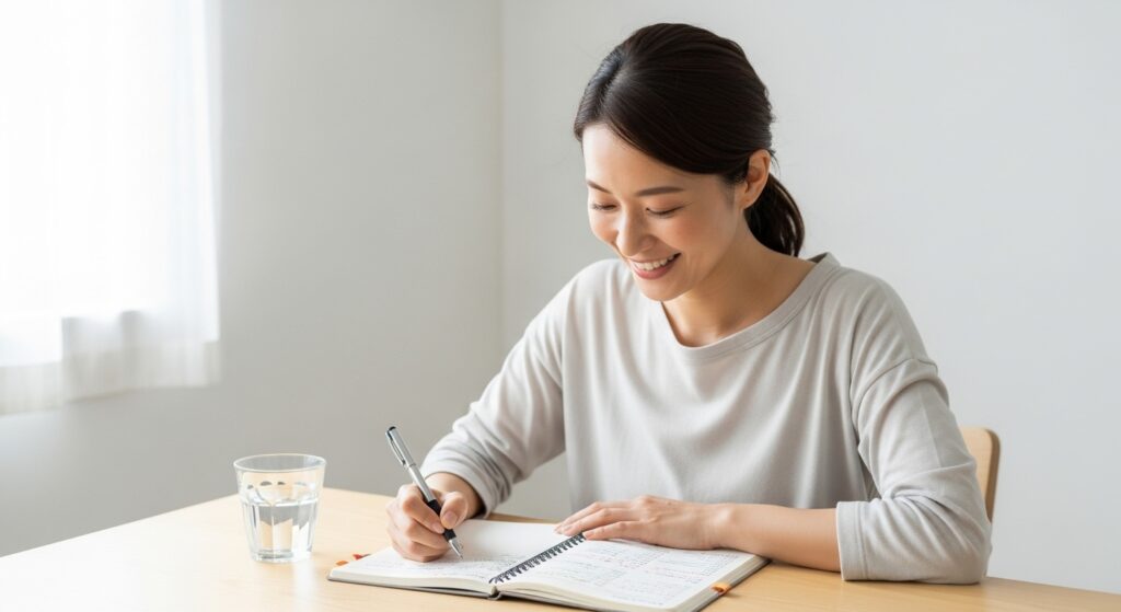 優光泉がもたらすポジティブな変化 優光泉ファスティングをきっかけに、健康的な食生活を記録する女性の様子