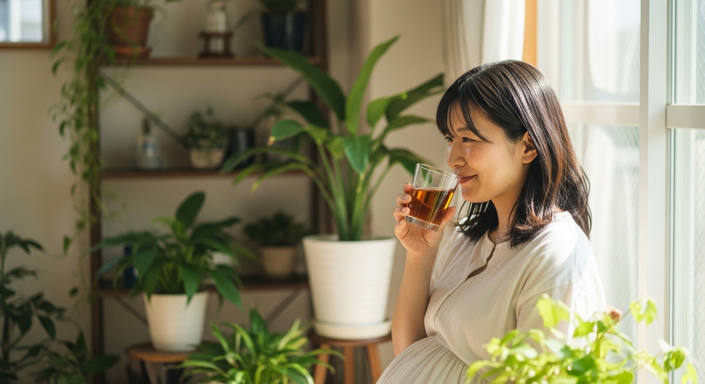優しい光の中で優光泉を飲む妊婦さん
