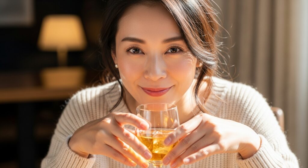 優光泉で叶える、理想のボディと健康 優光泉ファスティングに成功し、笑顔でいる女性