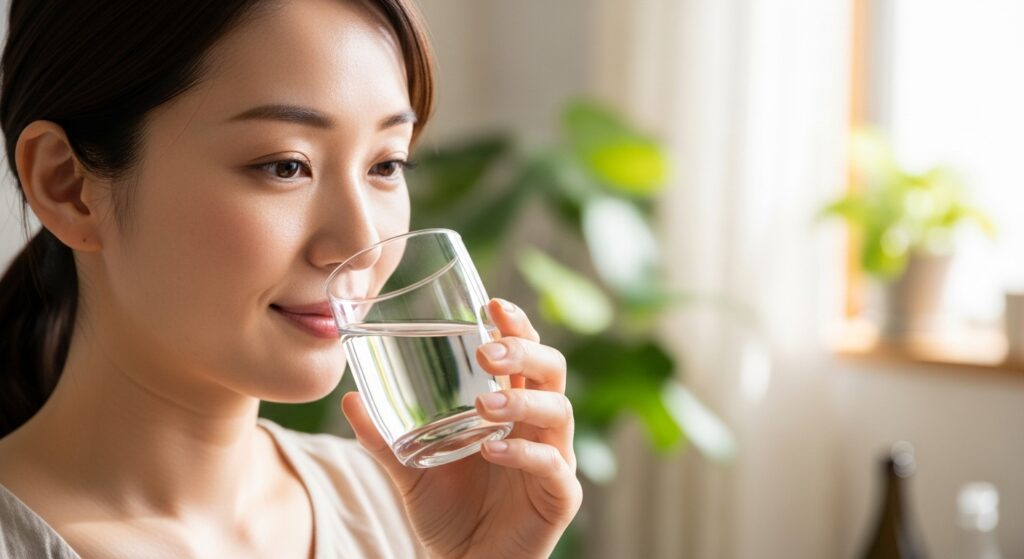 笑顔でドリンクを飲む女性 グラスに入ったワイン色の飲み物を手に持ち、穏やかに微笑む若い日本人女性の写真。自然光が差し込む、リラックスした健康的なイメージ。