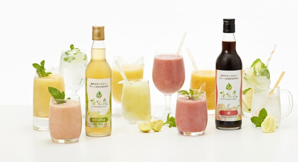 優光泉の炭酸水割り、スムージー、凍らせたジェラートなど夏らしい爽やかなアレンジドリンク