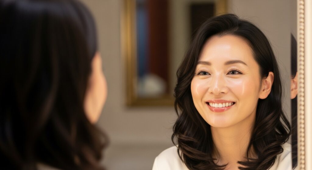 優光泉が導く、内側から輝く美しさ 笑顔で鏡を見つめる女性のポートレート。健康的な肌が内側から輝いているように見える。