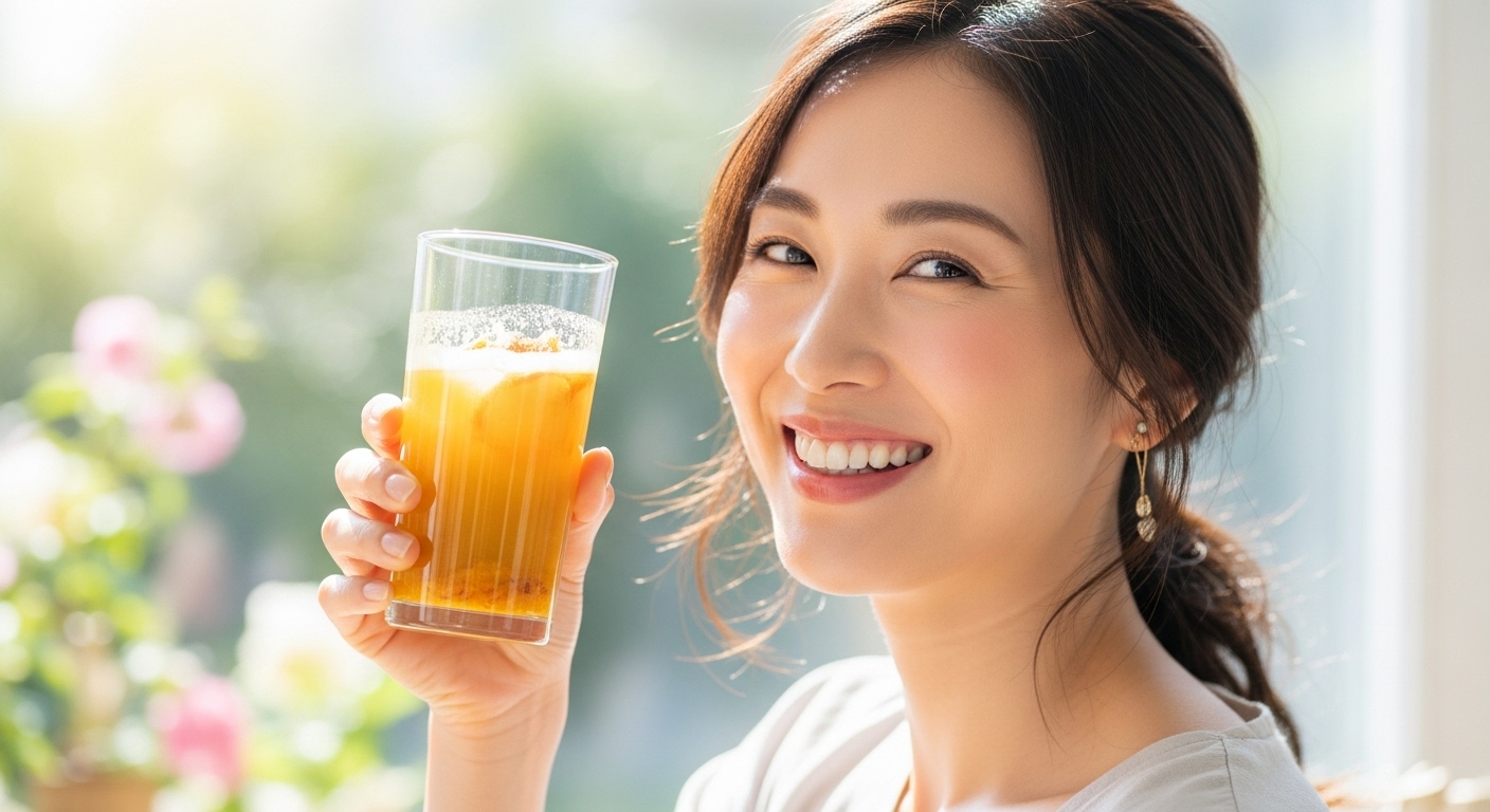 優光泉を飲んで笑顔の日本人女性