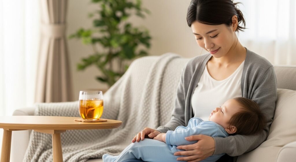 優光泉で叶える、ママと赤ちゃんの健やかな毎日 赤ちゃんを抱いて優光泉のグラスを眺める母親
