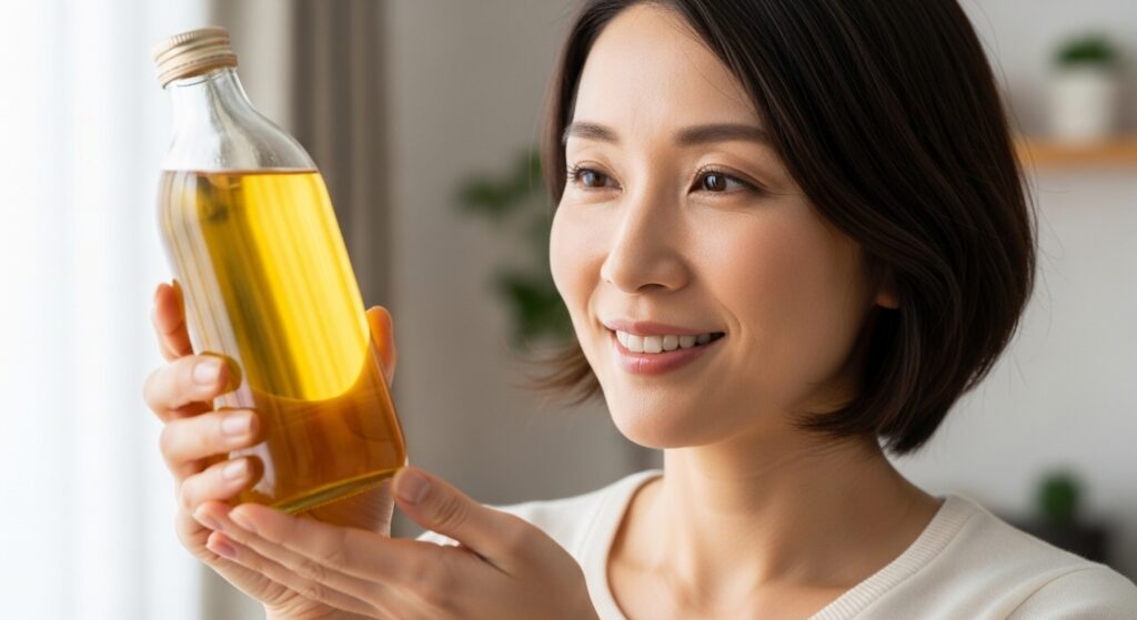 優光泉に対する信頼と安心感 優光泉の品質に納得し、安心した表情でボトルを見つめる女性