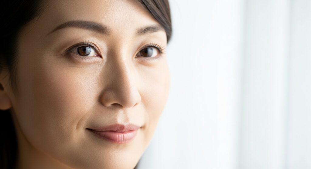 内側から輝く、あなた本来の美しさ 優光泉ファスティングで肌が輝いている女性のクローズアップ画像