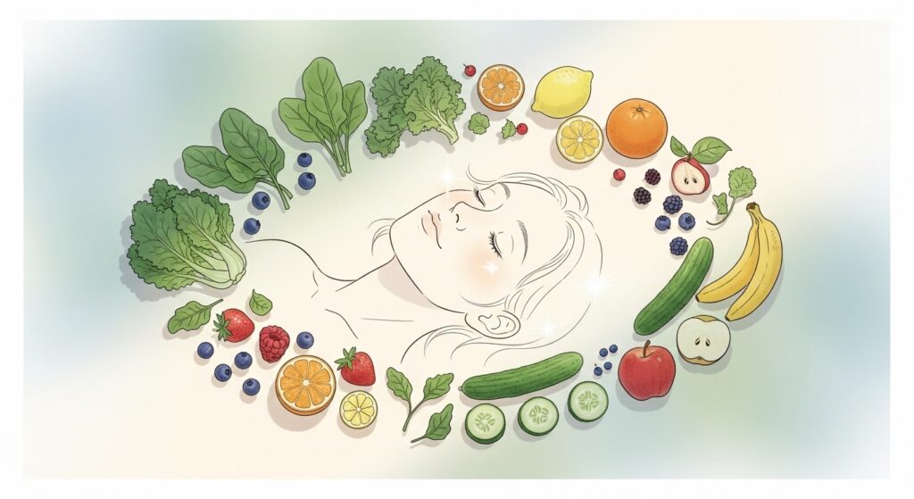 ファスティング中の体が穏やかにリフレッシュされている様子を描いたイラスト。新鮮な野菜や果物が周りに散りばめられ、健康的なウェルネスと自然なリセット感を表現しています。