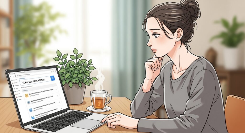 優光泉の定期購入の解約について不安そうな表情でパソコンを操作する女性のイラスト