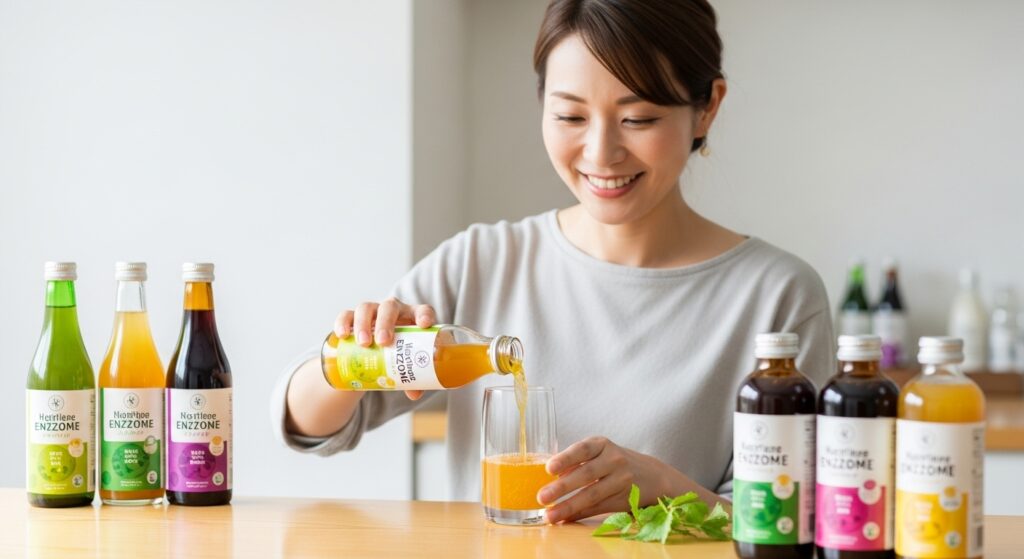 グラスに酵素ドリンクを注いでいる様子と、笑顔の日本人女性。周りには複数の酵素ドリンクのボトルが並んでおり、楽しんで健康習慣を続けている雰囲気を伝えます。