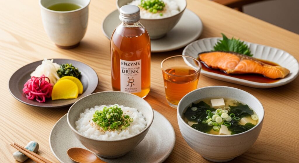 ファスティング後の回復食 和食中心のヘルシーな回復食の食卓。おかゆ、味噌汁、酵素ドリンクが並ぶファスティング後の食事例。