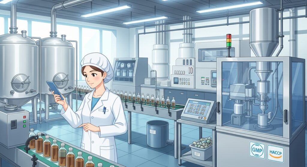 GMP・HACCP基準に基づき、清潔な工場で酵素ドリンクとサプリの品質をチェックする女性専門家のイラスト。