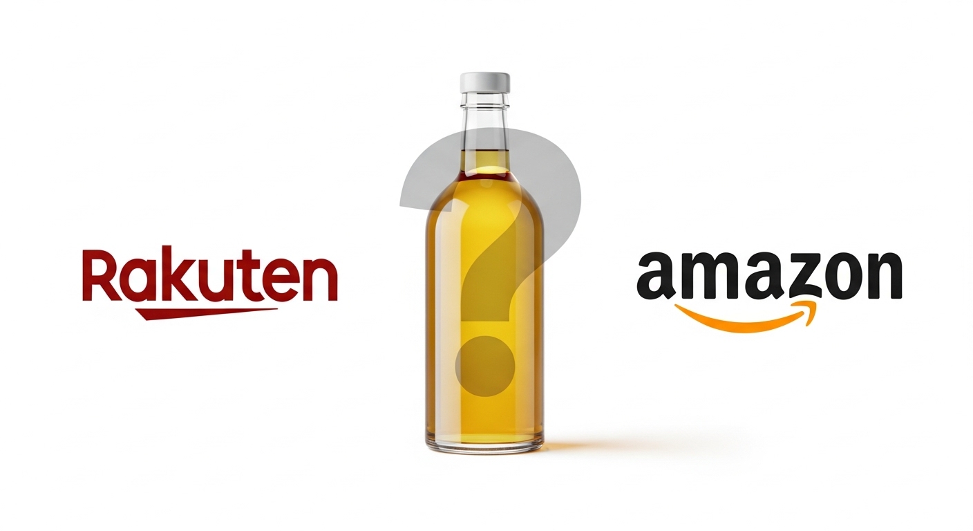 優光泉の購入に迷っている消費者を表す、ECサイトのロゴ（楽天、Amazon）とボトルが配置された画像