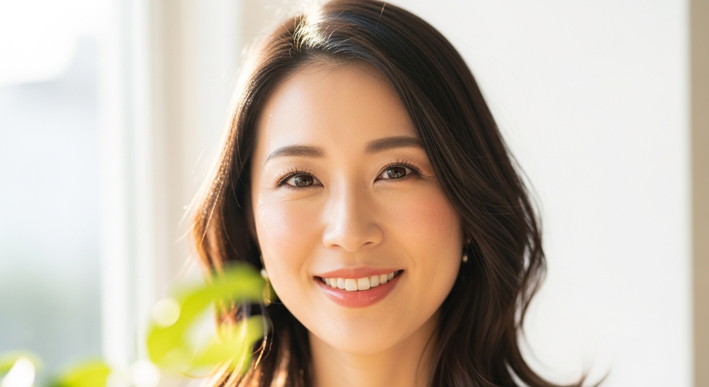 健康的な笑顔の30代女性。酵素の力で内側から輝く美しさを表現。