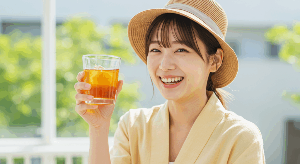 優光泉で理想の自分を目指す 迷いが晴れて達成感に満ちた笑顔で、健康的でハッピーな毎日を送る女性。