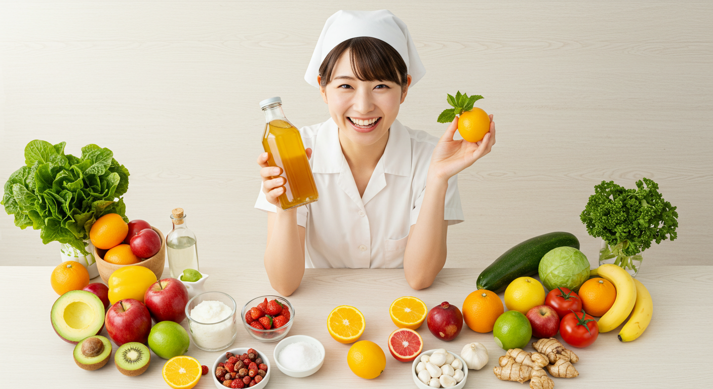 新鮮な食材に囲まれ、爽やかな笑顔でラベルのない酵素ドリンクボトルを持つ日本人女性。