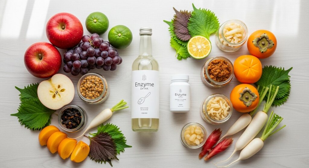 酵素ドリンクとサプリ、新鮮な野菜と果物の平置き、健康食品