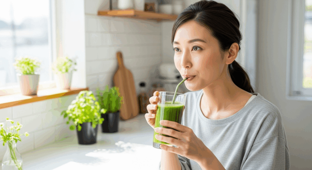 明るいキッチンでスムージーを飲む日本人女性