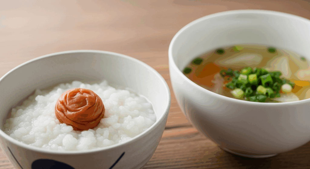 回復食のレシピとイメージ おかゆや野菜スープなど、体に優しい回復食のイメージ画像