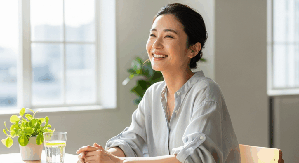 ファスティングで得られる清々しさ。 ファスティング後の爽やかな笑顔の日本人女性。