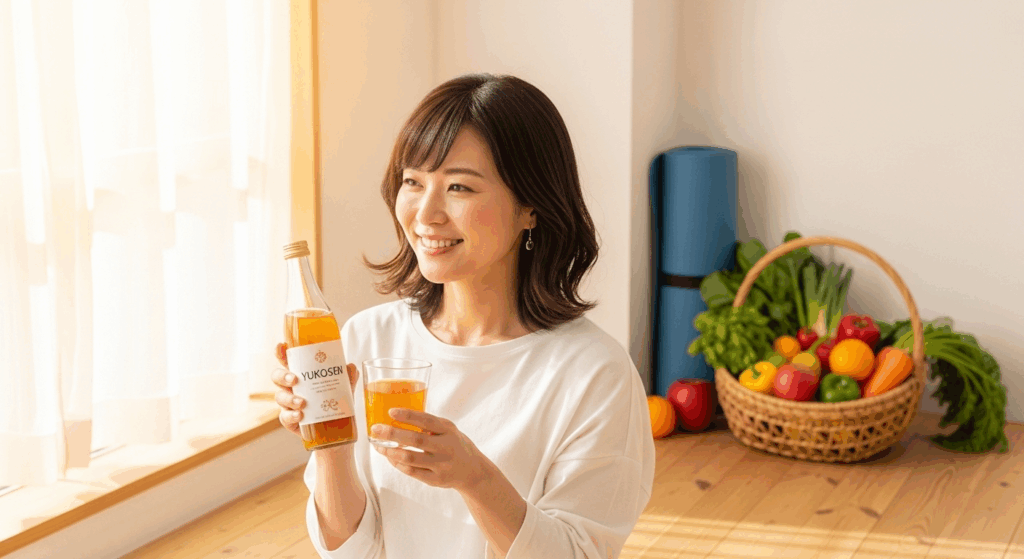 ファスティングへの希望に満ちた笑顔の日本人女性。優光泉とヘルシーなアイテムが、初心者でも安心なスタートを予感させる。