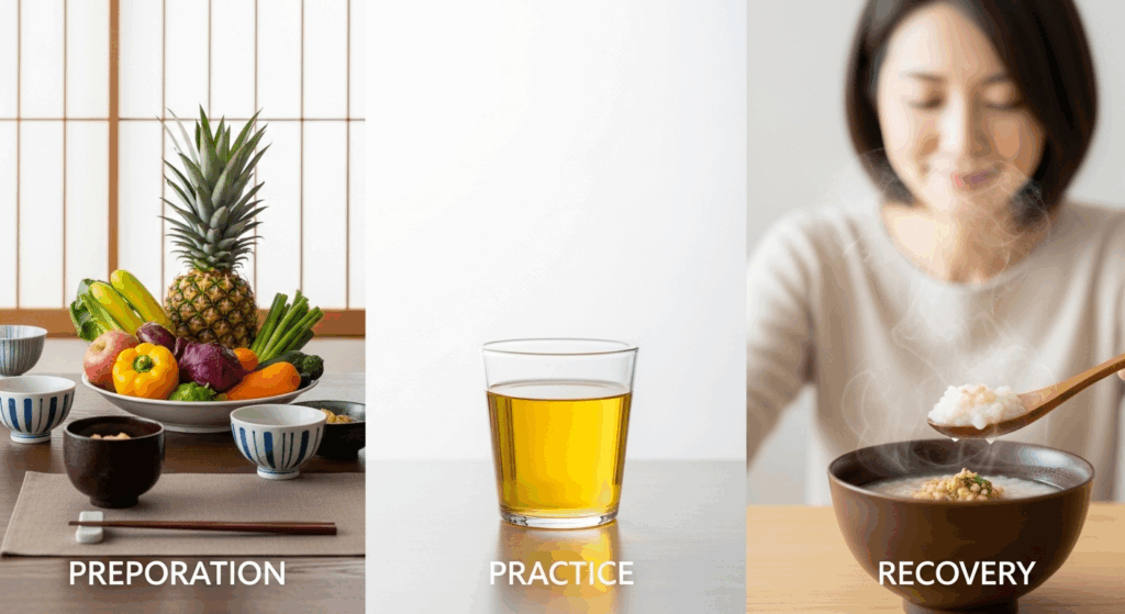 準備期(野菜)、ファスティング期(酵素ドリンク)、回復期(おかゆ)の3ステップを表現した画像。