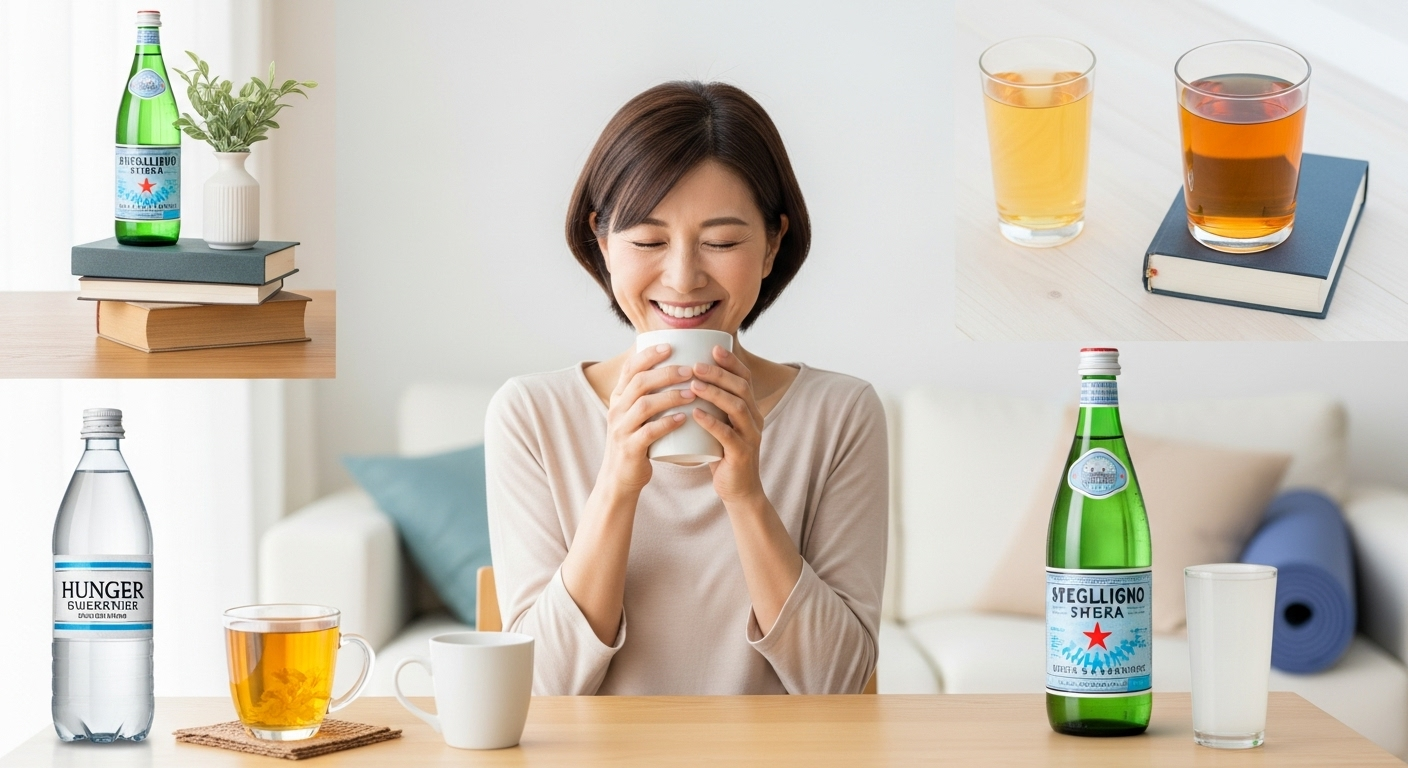 ファスティング中の女性が優光泉を手に持ち、安心した笑顔を浮かべている。背景には水、ハーブティー、リラックスできる空間が写っている。