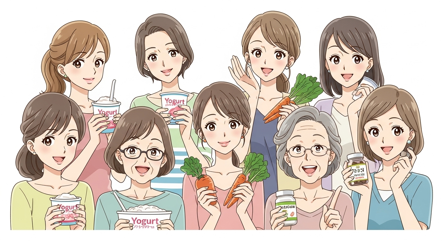 年代の異なる女性たちが集まり、それぞれがヨーグルトや野菜、サプリメントを持って笑顔で腸活を楽しんでいるイラスト。