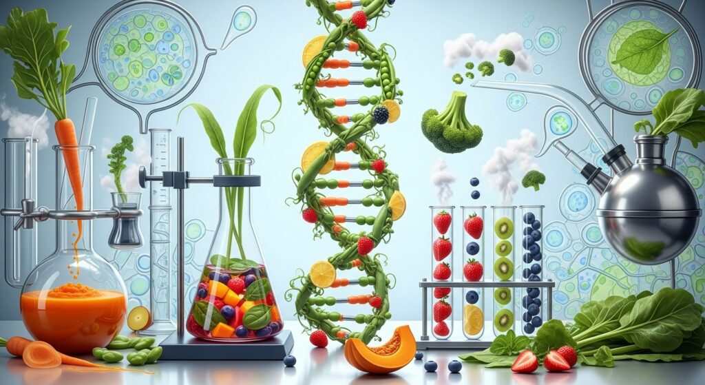 酵素の科学と自然の融合 試験管やDNAモデルと、新鮮な野菜・果物が融合したイラスト。酵素の科学的な働きと自然の恵みを組み合わせた、専門性とクリーンなイメージ。