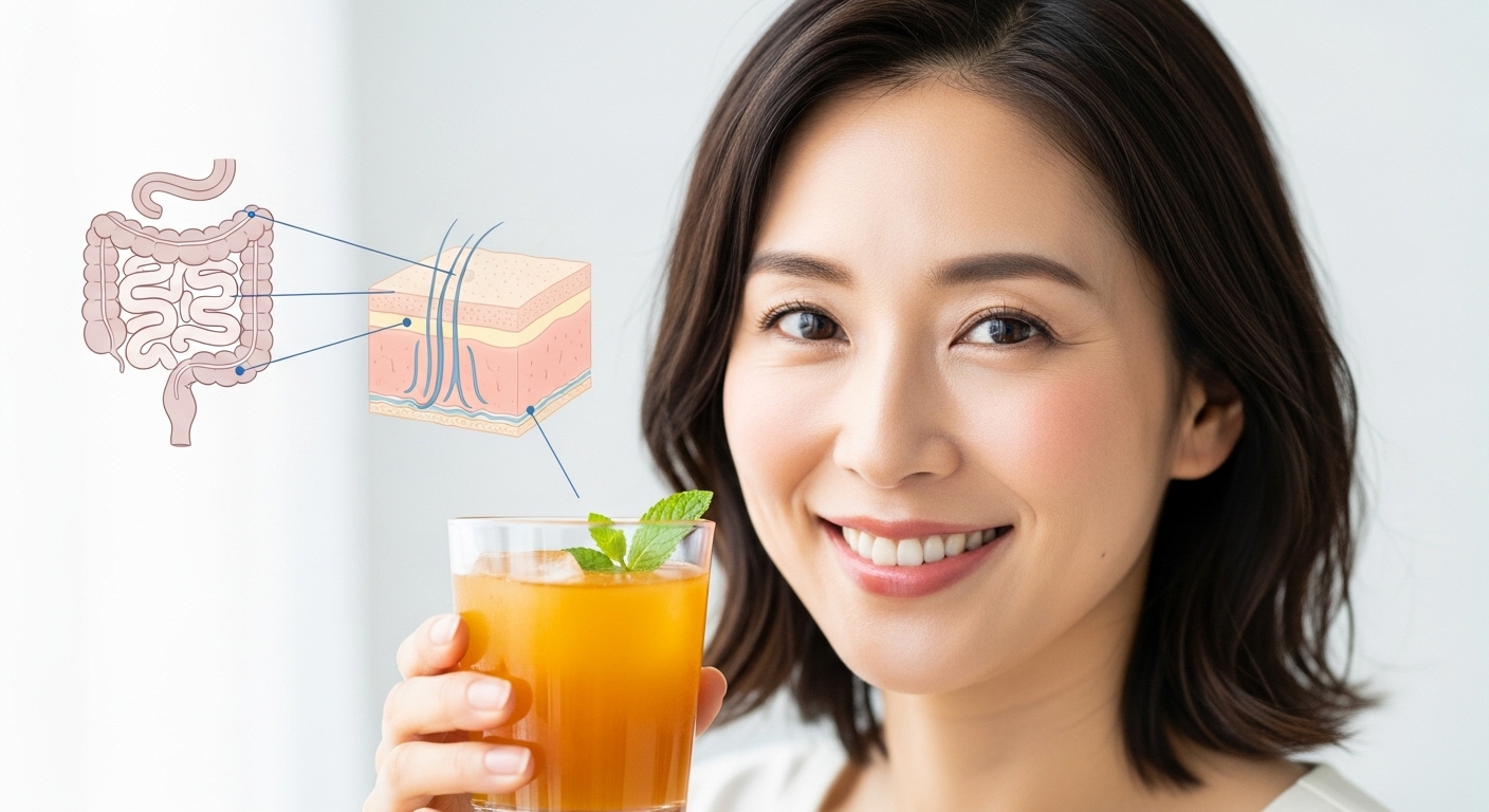 腸内環境を整える「優光泉」を笑顔で飲む女性の画像。腸と肌の関連性を表現したイラストを背景に配置。