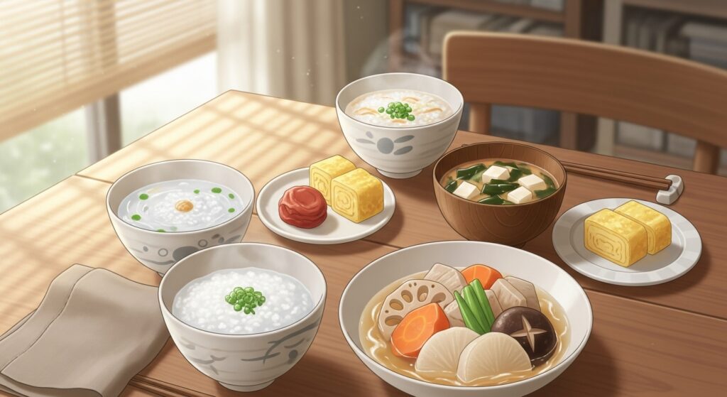 ファスティング後の回復食としてのおかゆや味噌汁、煮物など、温かい和食の食卓のイラスト。