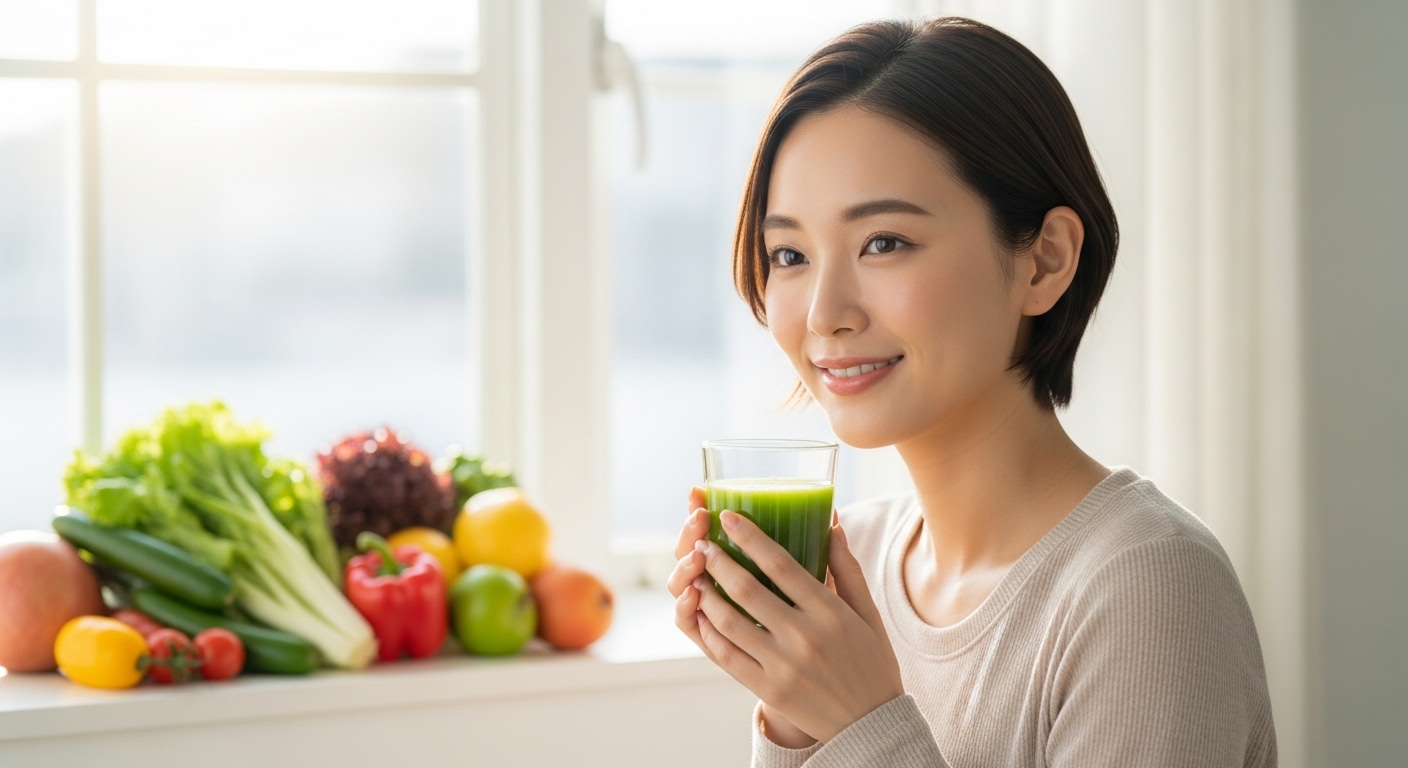 窓辺で酵素ドリンクを持ち、笑顔を見せる健康的な女性。内側からの美しさを表現しています。