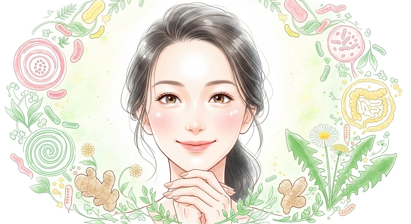 腸活で内側から美しくなり、透明感のある肌を手に入れた女性のイラスト。