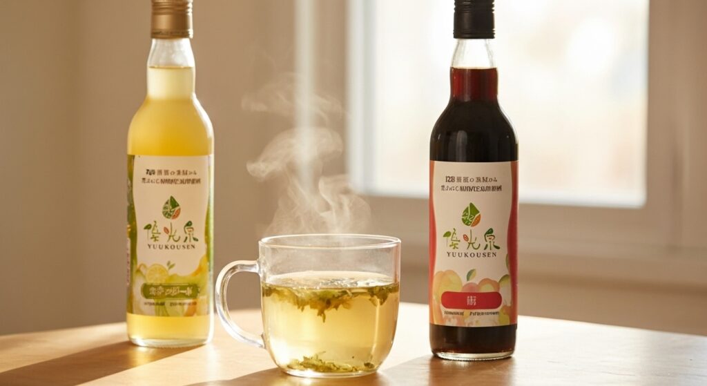 ファスティング中に推奨される飲み物と、その時のリラックスした情景を視覚的に伝える 温かいハーブティーの入ったマグカップと優光泉のボトル