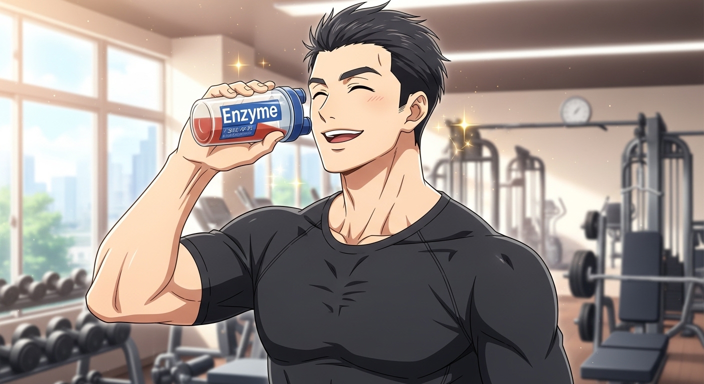 筋肉質な男性がファスティングドリンクを笑顔で飲んでいるイラスト。背景には、トレーニング機器や健康的な食材が描かれている。